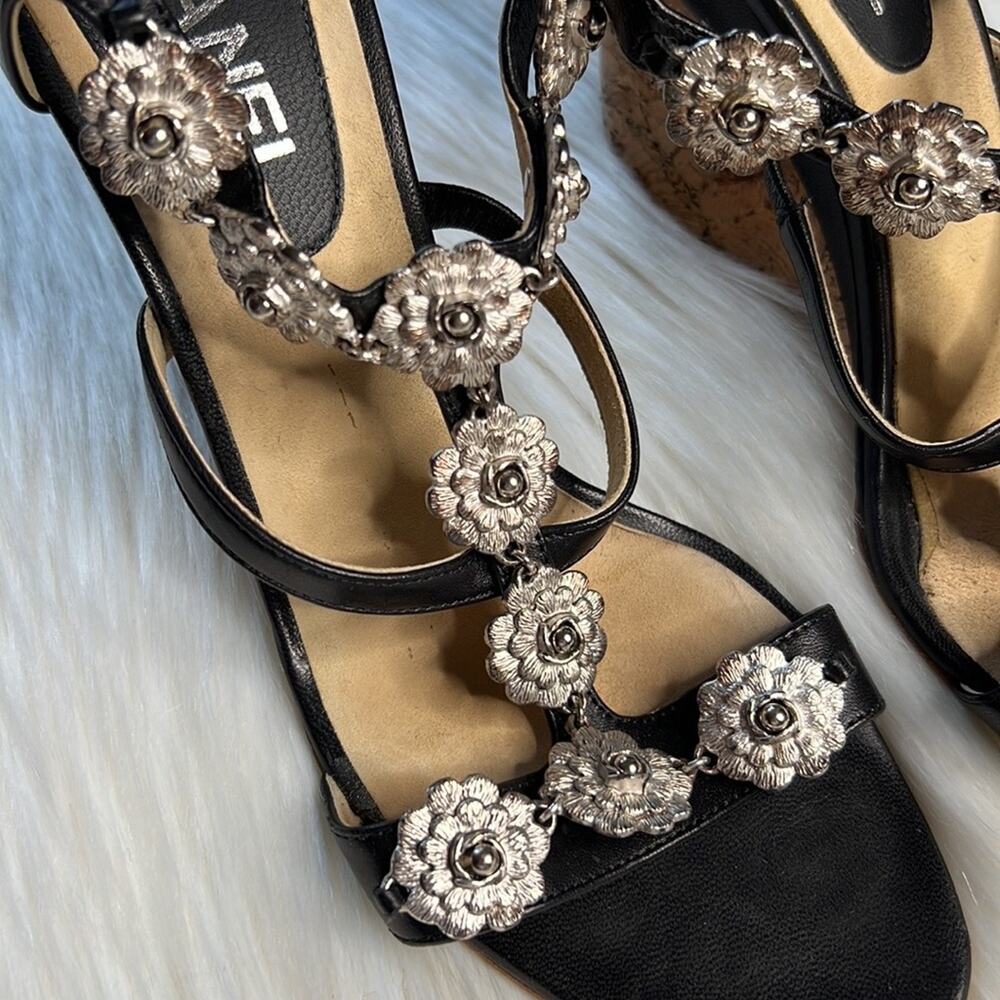 Chanel Black Camellia Charm Wedge Sandals - Picture 4 of 15